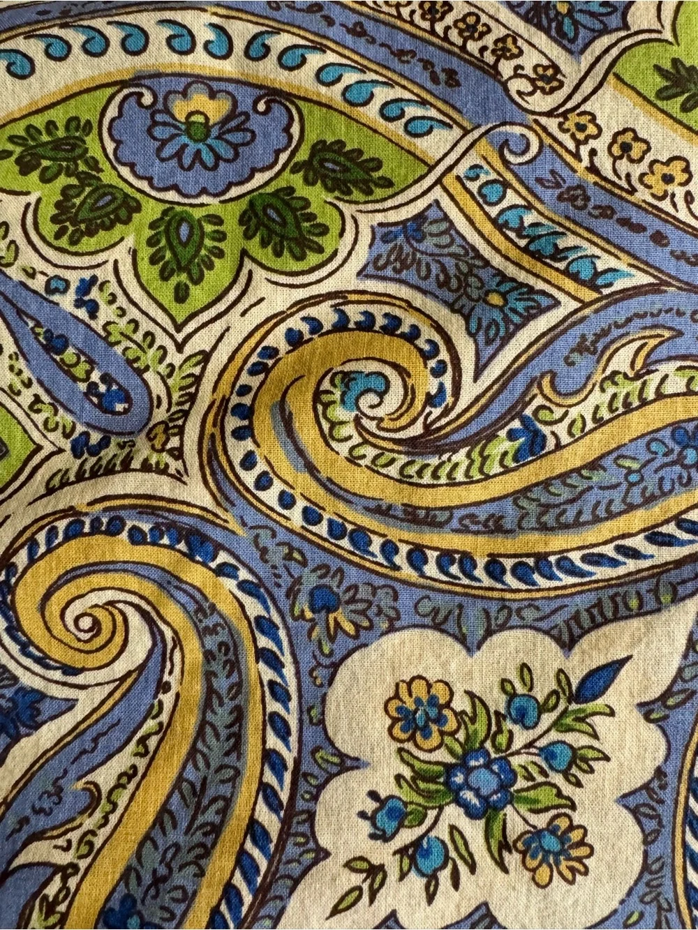 Vintage April Cornell Blue,Green & yellow Paisley Print Round 70” Tablecloth